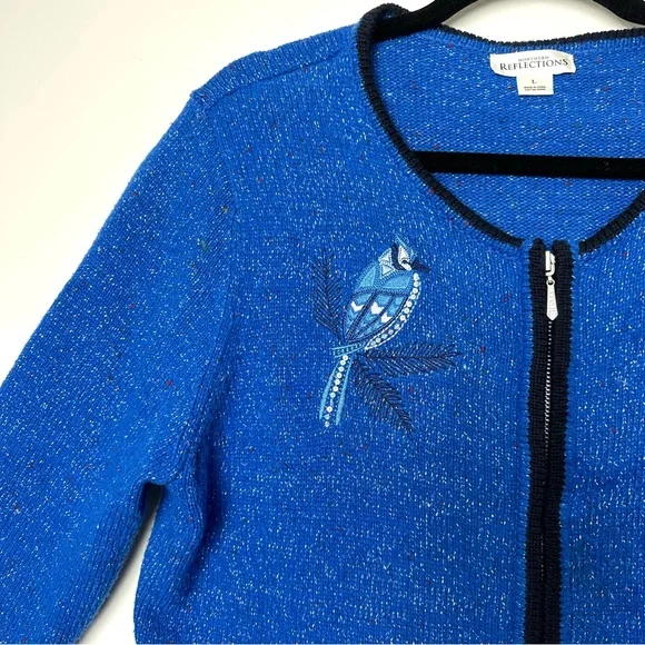 Grannycore Kitschy Blue Jay Embroidered Cottagecore Shimmer Knit Cardigan - Picture 4 of 12